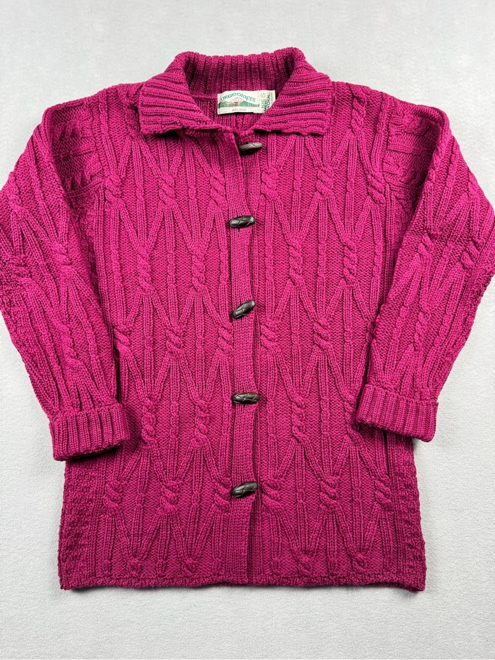 Aran Crafts Ireland Women's Sm Burgundy Cable Knit Merino Wool Cardigan Sweater